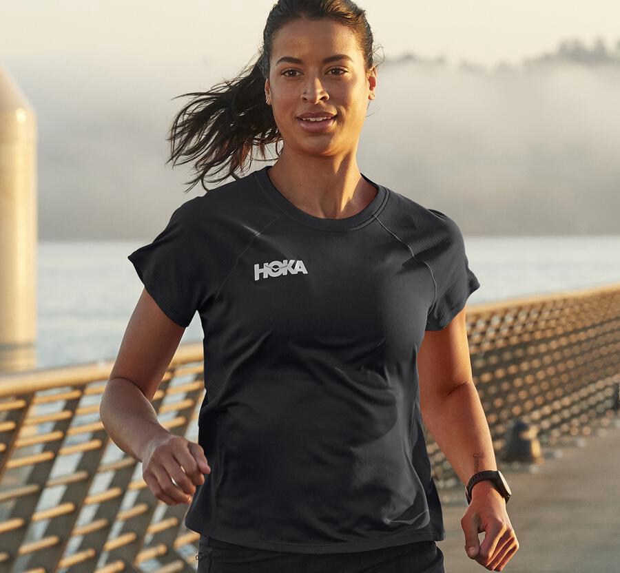 Hoka One One Performance Kort Sleeve Top Dam - Svarta - FRTPU-0187